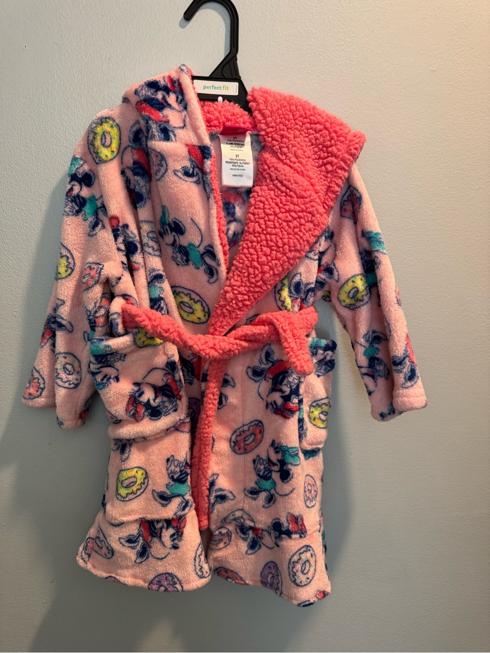 Minnie Mouse Pink Plush Hooded Robe W/donuts Little Girls Toddler Size 2T